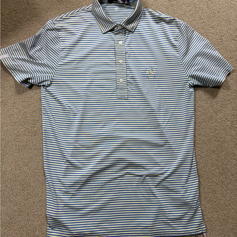 Ralph Lauren Navy and Yellow Striped Golf Polo. embroidered ducks on the chest.
